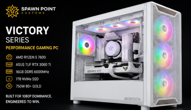 Gaming PC with RGB lighting and Montech branding on a black background