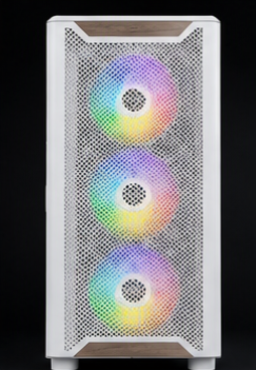 Computer case with RGB lighting on a black background