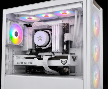 Open computer case with RGB lighting and GeForce RTX graphics card