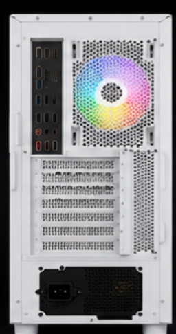 Computer case with a colorful RGB fan on a white background