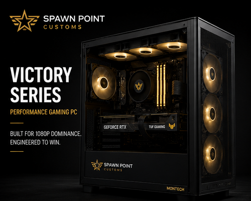 Glossy black gaming PC case with visible components, featuring Spawn Point Customs branding.