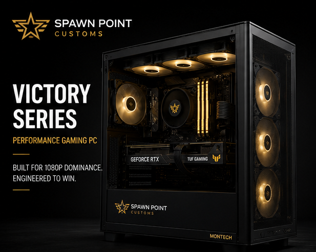Glossy black gaming PC case with visible components, featuring Spawn Point Customs branding.