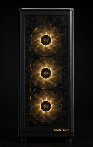 Black and gold computer case with 'Montech' branding on a black background