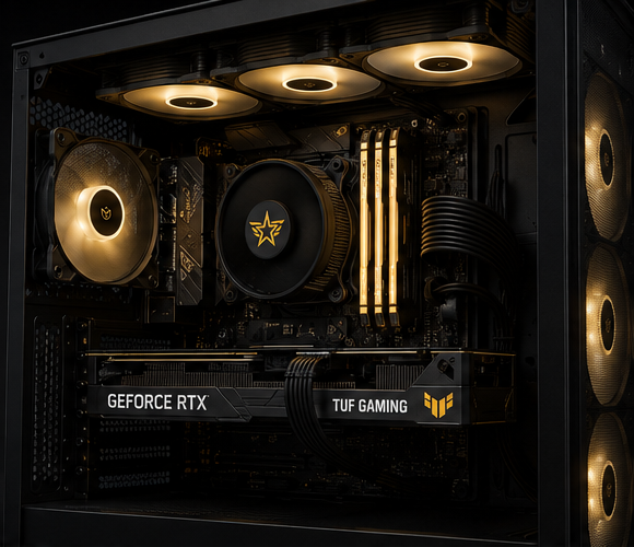 Gaming computer hardware with GeForce RTX and TUF Gaming branding.