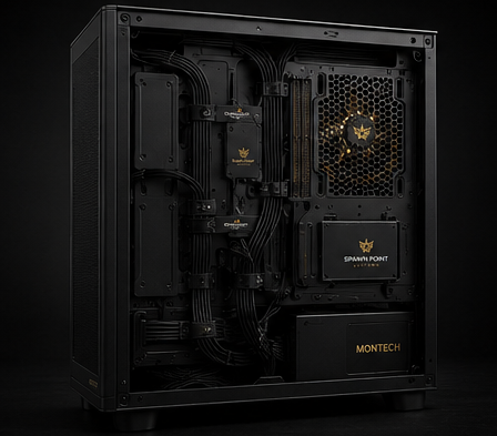 Computer case with visible internal components and Montech branding on a dark background