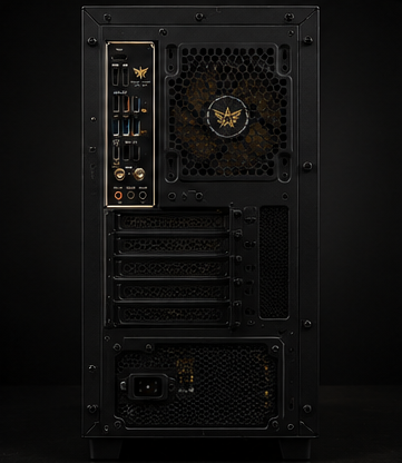 Black computer case with brand logo on a black background