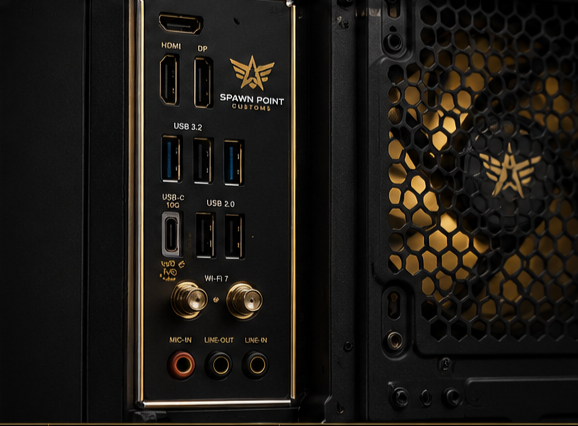 Back panel of a computer case with multiple ports and 'Spawn Point Customs' branding.