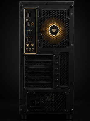 Black computer case with illuminated interior on a dark background