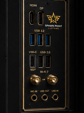 Back panel of a device with various ports and branding on a black background