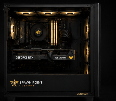 Gaming computer case with GeForce RTX graphics card and Spawn Point Customs branding.